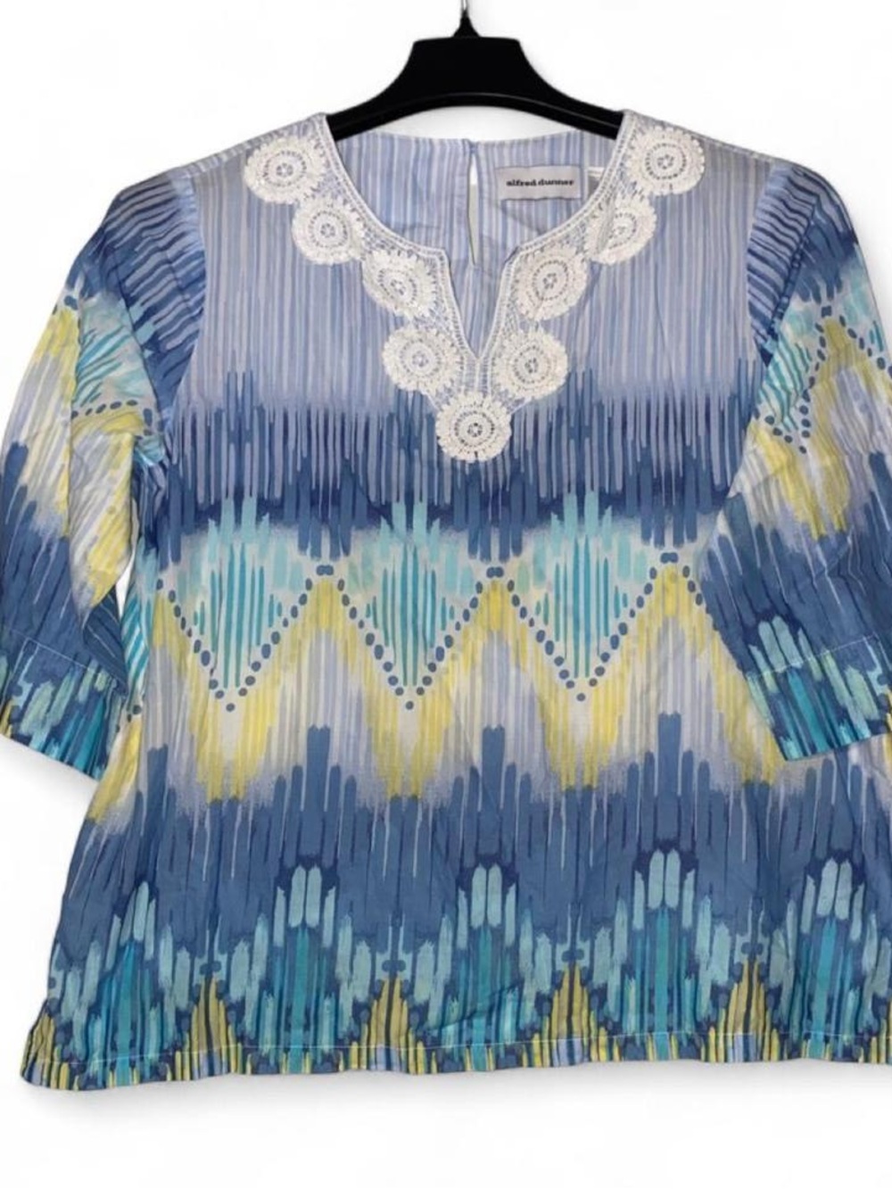 Alfred Dunner Blue, Aqua & Yellow Chevron-Pattern Crochet-Trim Blouse
